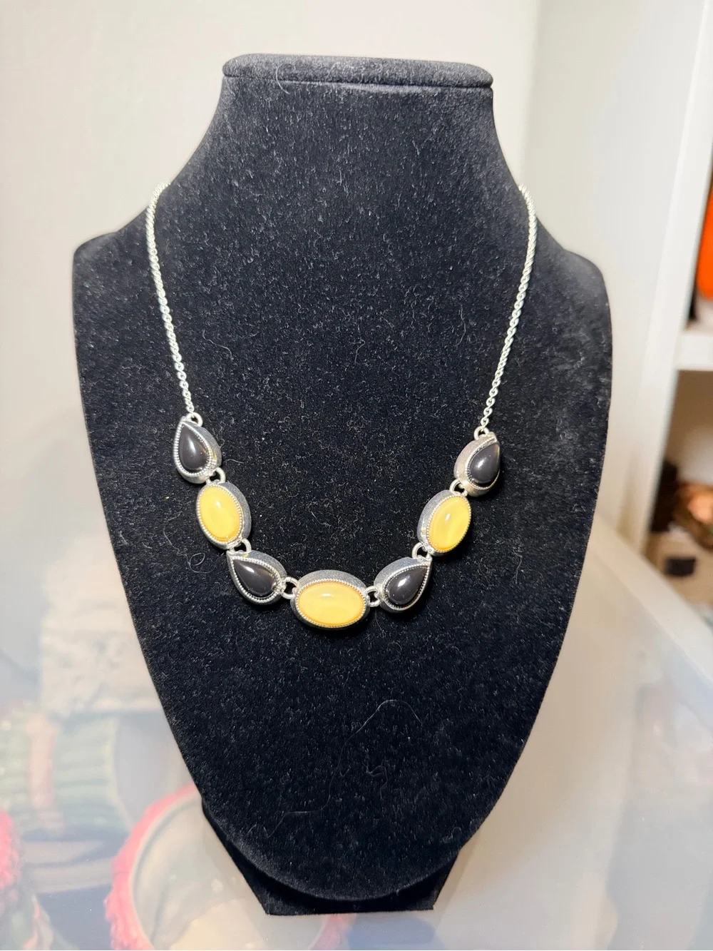 Liz Claiborne Silver Tone Statement Necklace with Black & Amber Cabochons
